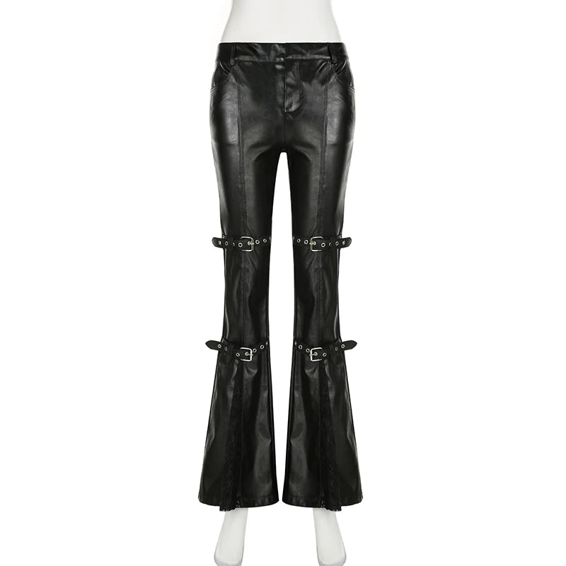 SUCHCUTE PU Leather Flare Pants – Goth, Buckle Lace, Y2K Vintage Streetwear