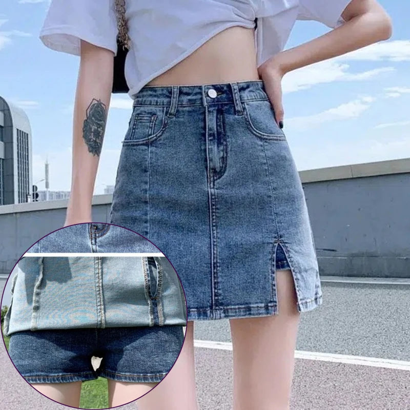 Korean High-Waist Denim Mini Skirt – Sexy, Tight Fit, Slim, Anti-Glare, Short Split Skirt, Y2K Style for Women