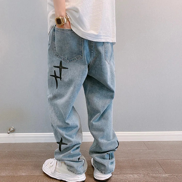 2023 Men's Print Jeans: Streetwear baggy, wide-leg, Korean fashion, loose denim cargo pants.