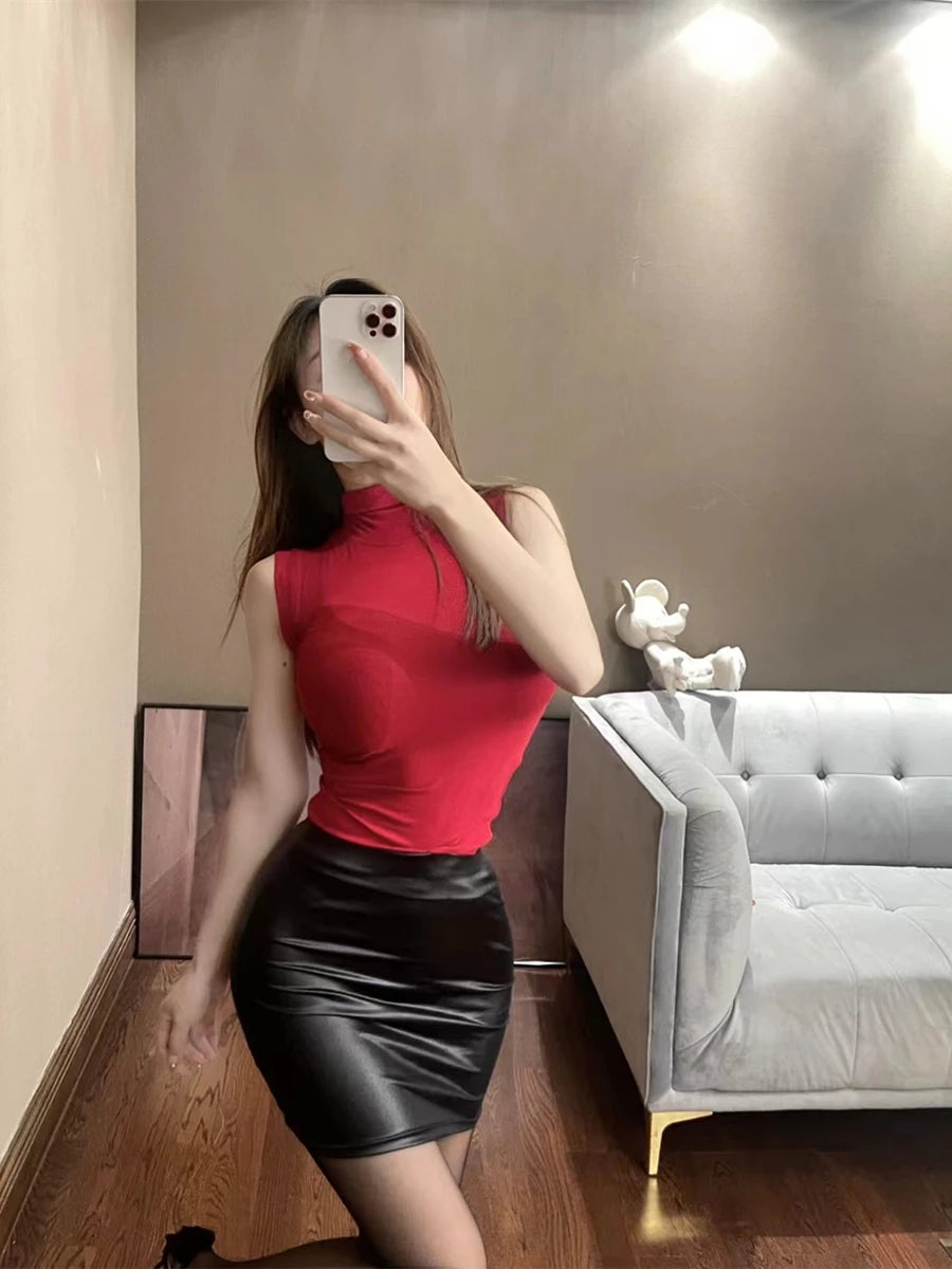 WOMENGAGA PU Leather Mini Skirt – Matte, Slim Fit, High Waist, Sexy Nightclub Streetwear