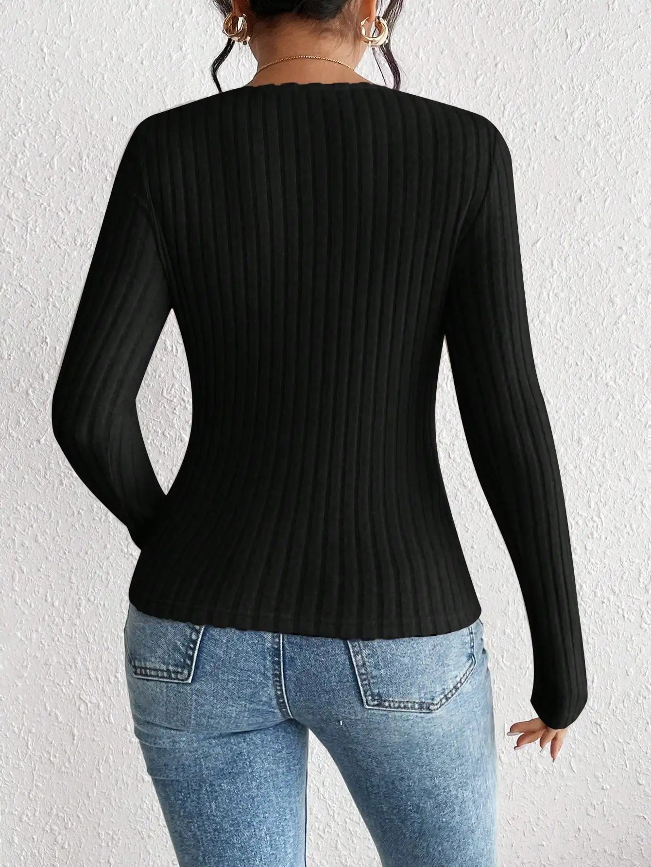 Autumn/Winter Diamond Collar Knitted Top – Casual, Long-Sleeved, Women's T-shirt