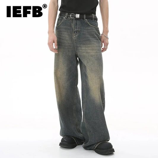 IEFB Summer Men's Denim Pants: Old blue washed, loose wide-leg, straight casual jeans, 2024 fashion.