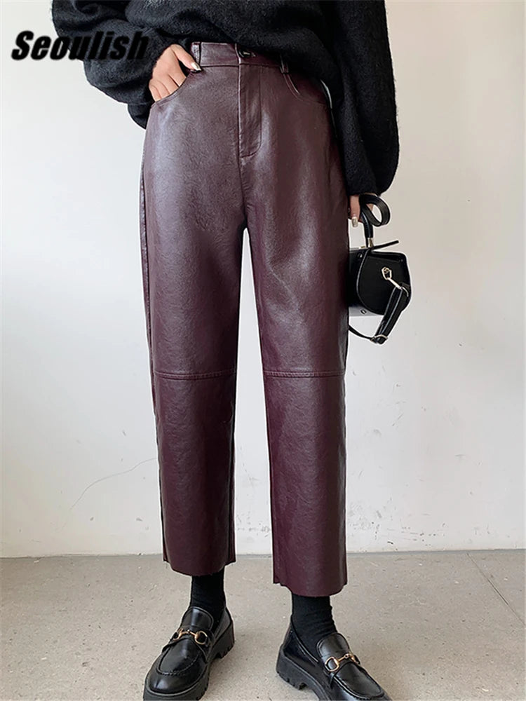 Seoulish Faux Leather Wide-Leg Pants – High Waist, Loose, Ankle Length, 2023