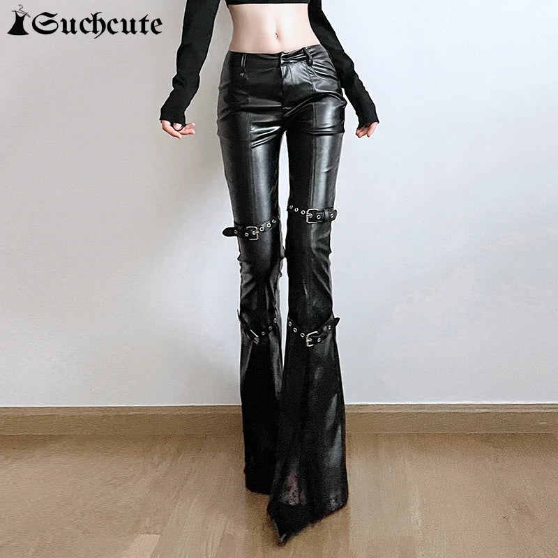 SUCHCUTE PU Leather Flare Pants – Goth, Buckle Lace, Y2K Vintage Streetwear