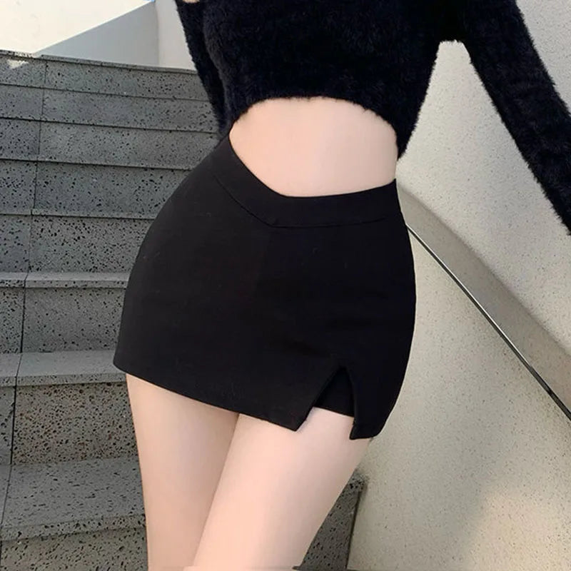 Black Split Mini Skirt – High Waist, Slit, Streetwear, Korean Party Fashion, Irregular A-Line