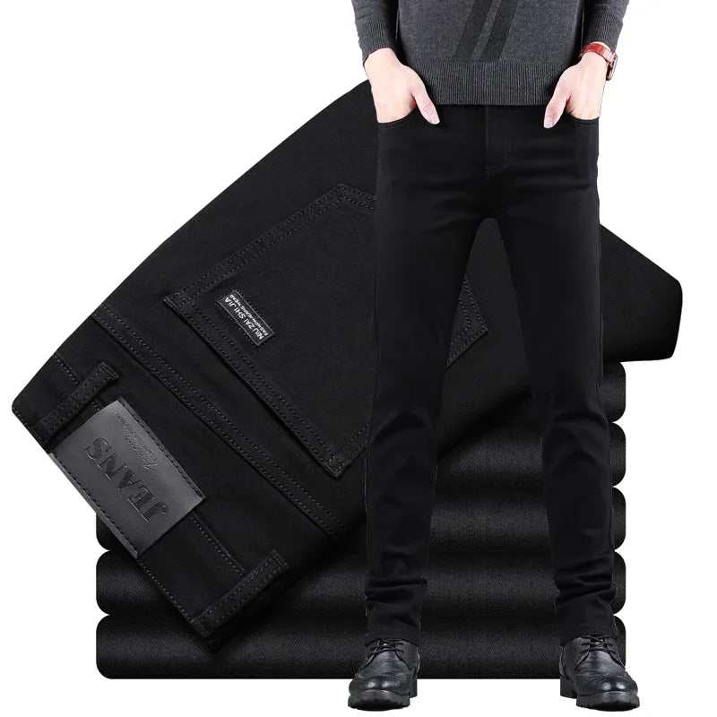 Spring-Autumn Men's Black Slim Jeans: Elastic, straight-fit, business-casual Korean vintage style.