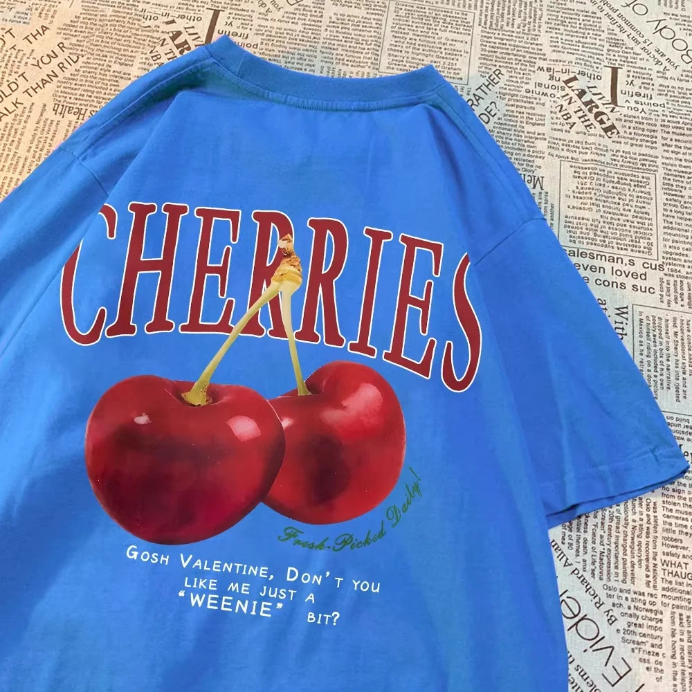 Fashion Cotton Women'S T-Shirts Hand Picked Cherries Printing Tops Oversize Crewneck Soft Short Sleeve Street Female Clothes