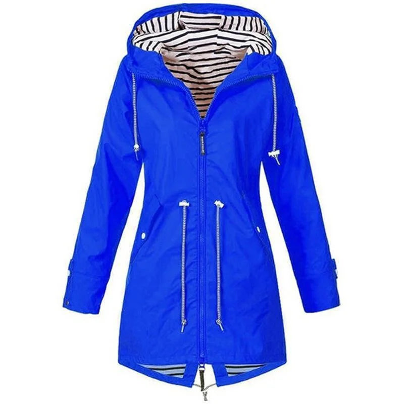 Women's Waterproof Raincoat – Lightweight, Drawstring, Outdoor Trench Jacket