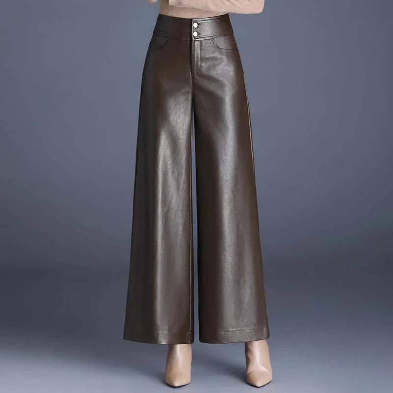 ZUZK High-Quality Women’s PU Leather Wide-Leg Pants – Autumn/Winter, Fashionable, Warm, Elegant Leather Trousers