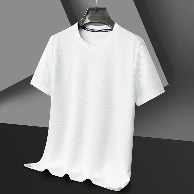 "Men's Summer Waffle Round Neck T-Shirt - Comfortable & Breathable for Casual Wear"