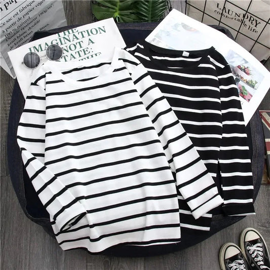 Black Striped Top – Spring/Autumn, Long Sleeve, Foreign Style, Women’s T-shirt