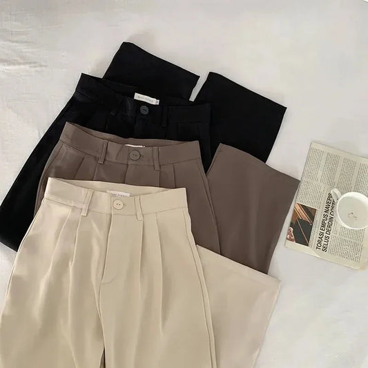 High-Waist Women's Suit Pants – Fall, Straight, Office, Casual, Button, Loose Fit.