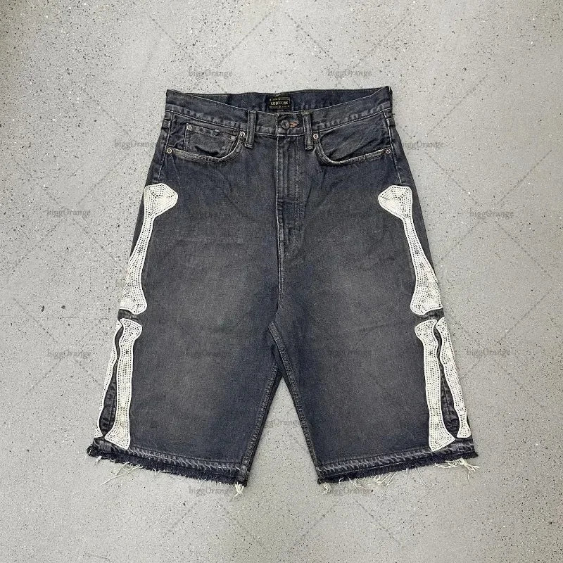 American Street Harajuku Denim Shorts: Retro Y2K oversized, letter embroidery, loose and versatile for men and women.