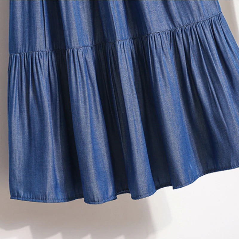 Women's Patchwork Denim A-Line Skirt – Color Spliced, Tencel, Big Swing, Long & Flowing Thin Skirt