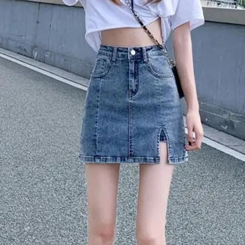 Korean High-Waist Denim Mini Skirt – Sexy, Tight Fit, Slim, Anti-Glare, Short Split Skirt, Y2K Style for Women