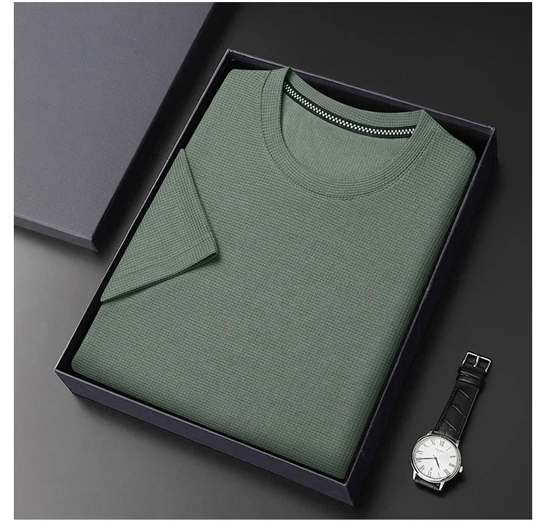 "Men's Summer Waffle Round Neck T-Shirt - Comfortable & Breathable for Casual Wear"