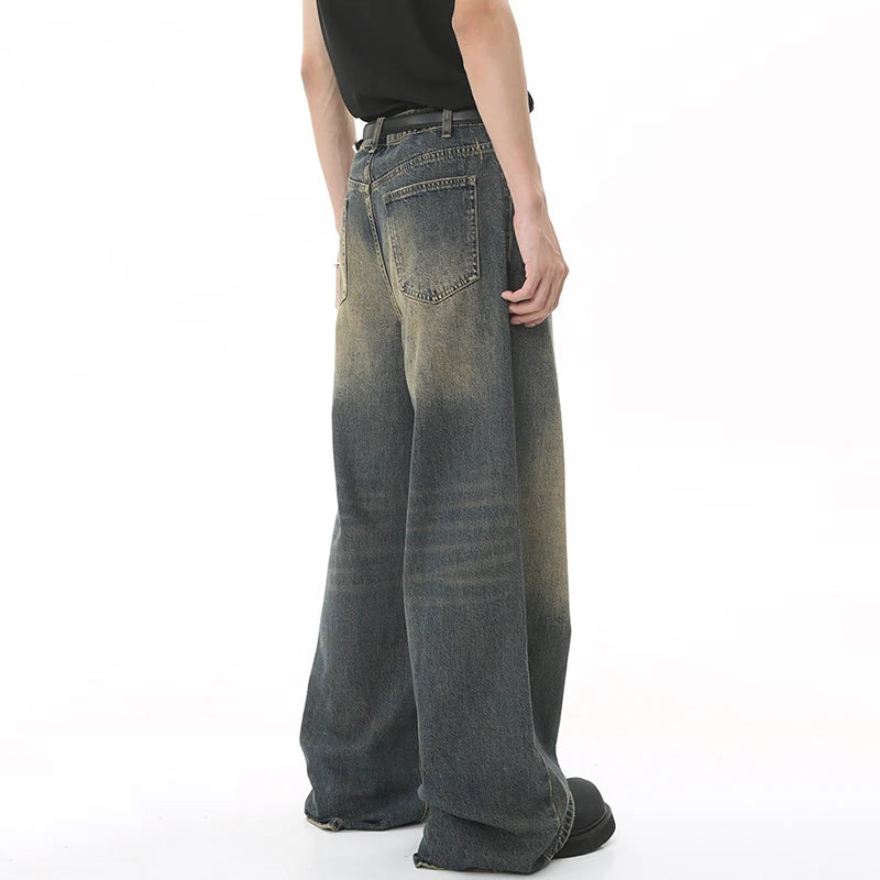 IEFB Summer Men's Denim Pants: Old blue washed, loose wide-leg, straight casual jeans, 2024 fashion.