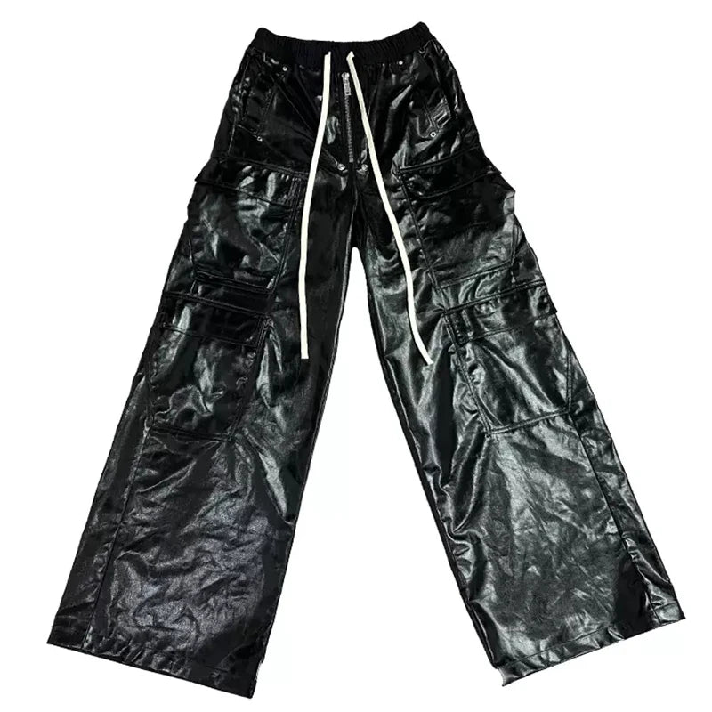 Mauroicardi Spring/Autumn Black Shiny Reflective PU Leather Wide-Leg Pants – Drawstring Waist, Men’s Designer Clothes