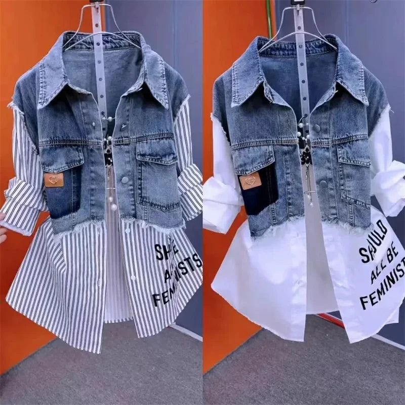 Women’s Denim Jacket – Fake Two Denim Shirts, 2024 New, Spring/Summer/Autumn, Casual Fashion, Joker Stitching Striped Coat