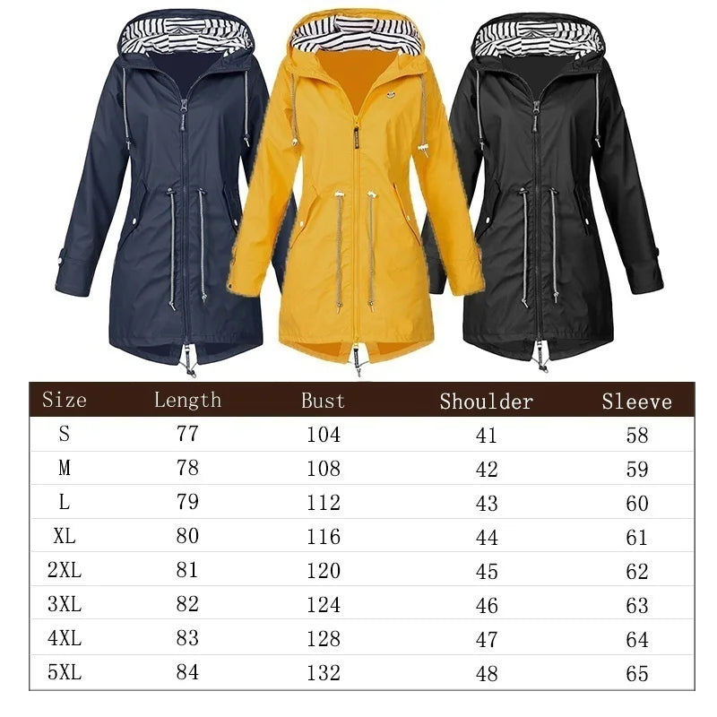 Women's Waterproof Raincoat – Lightweight, Drawstring, Outdoor Trench Jacket