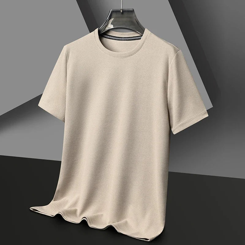 "Men's Summer Waffle Round Neck T-Shirt - Comfortable & Breathable for Casual Wear"