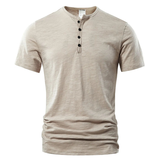 Men's Casual T-shirt: High quality, summer short sleeve, Henry neck, fashionable basic tee.