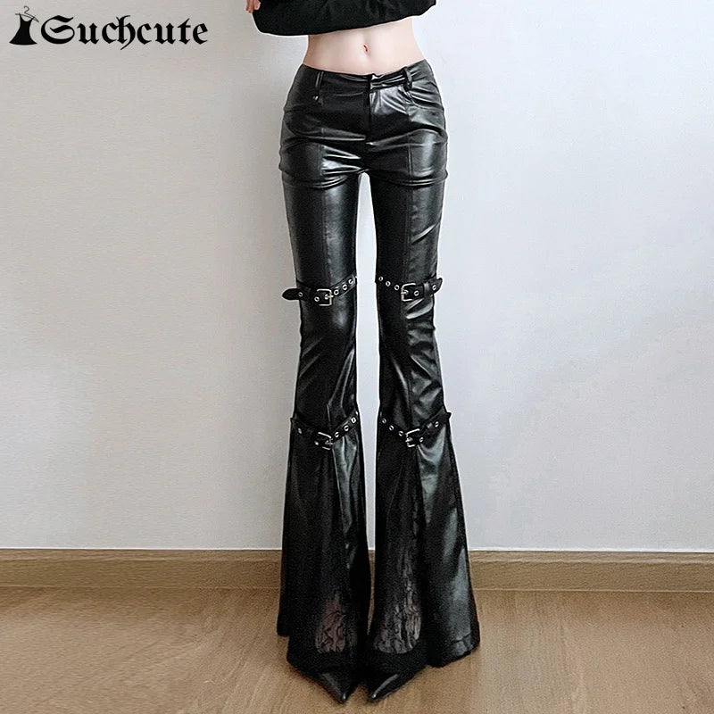 SUCHCUTE PU Leather Flare Pants – Goth, Buckle Lace, Y2K Vintage Streetwear