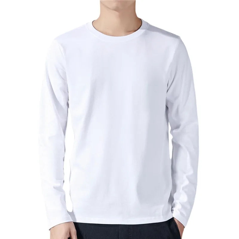 Men's Cotton Long Sleeve T-shirt: Solid color, full length, perfect for spring and autumn as an undershirt.