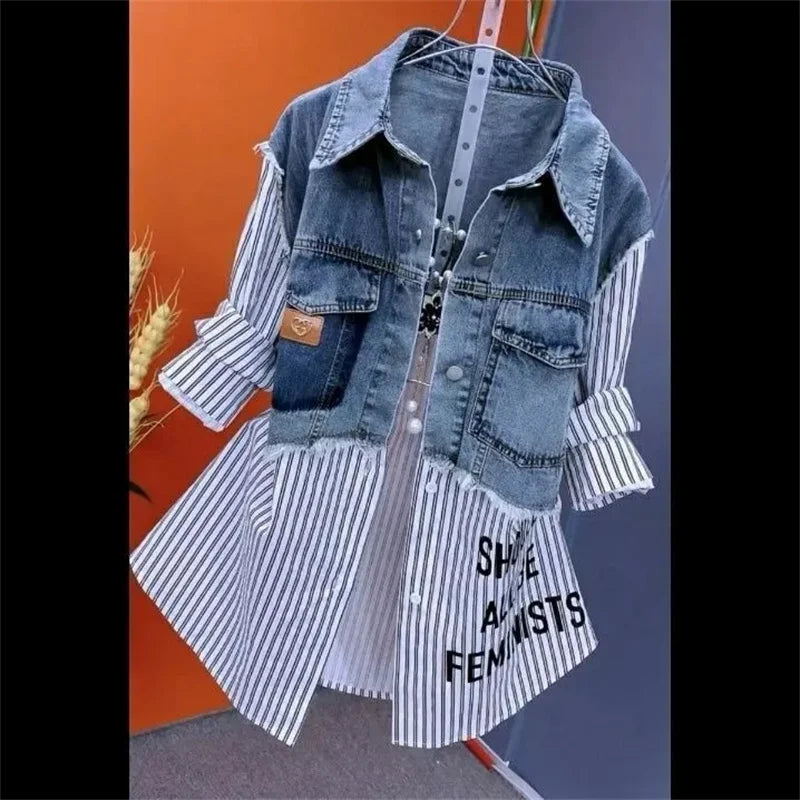 Women’s Denim Jacket – Fake Two Denim Shirts, 2024 New, Spring/Summer/Autumn, Casual Fashion, Joker Stitching Striped Coat