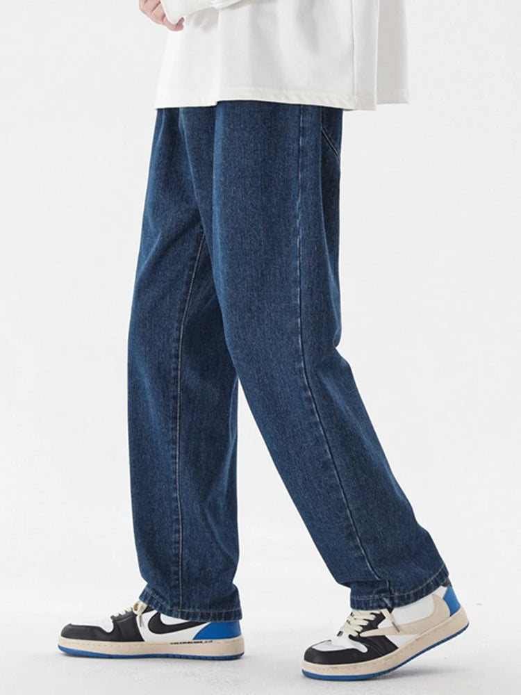 2023 Korean Fashion Men's Jeans: Ankle-length, straight fit, wide-leg denim in light blue, grey, black.