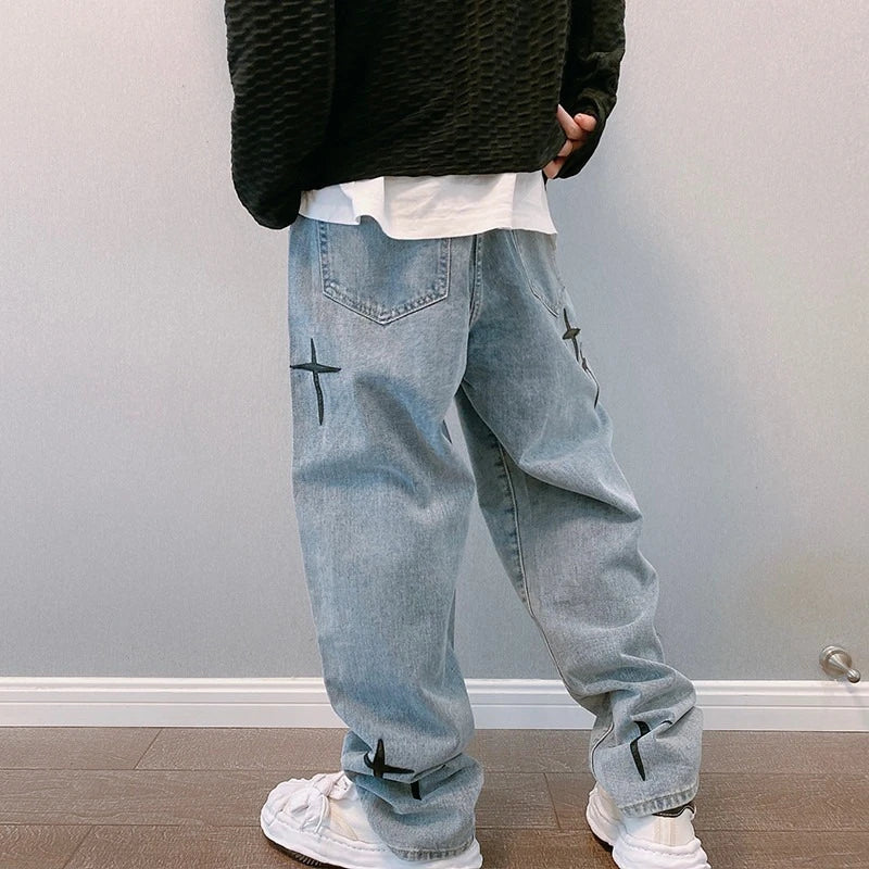 2023 Men's Print Jeans: Streetwear baggy, wide-leg, Korean fashion, loose denim cargo pants.