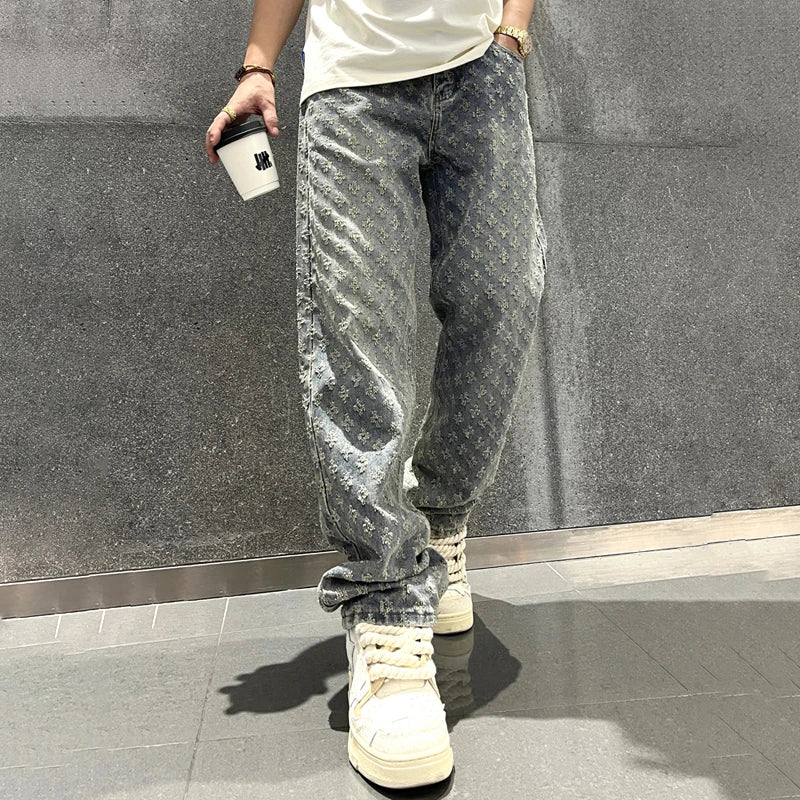 Men's Jacquard Denim Pants: Straight-fit, baggy, distressed wide jeans with intricate pattern.