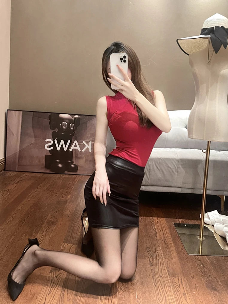 WOMENGAGA PU Leather Mini Skirt – Matte, Slim Fit, High Waist, Sexy Nightclub Streetwear