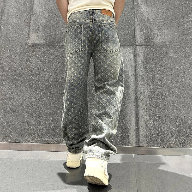 Men's Jacquard Denim Pants: Straight-fit, baggy, distressed wide jeans with intricate pattern.