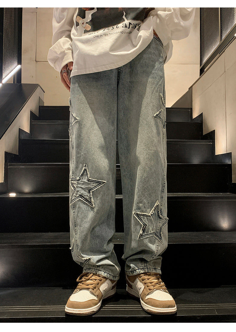 Star Embroidery Men's Jeans: Straight, wide-leg, loose hip-hop style, Gothic neutral Y2K streetwear.