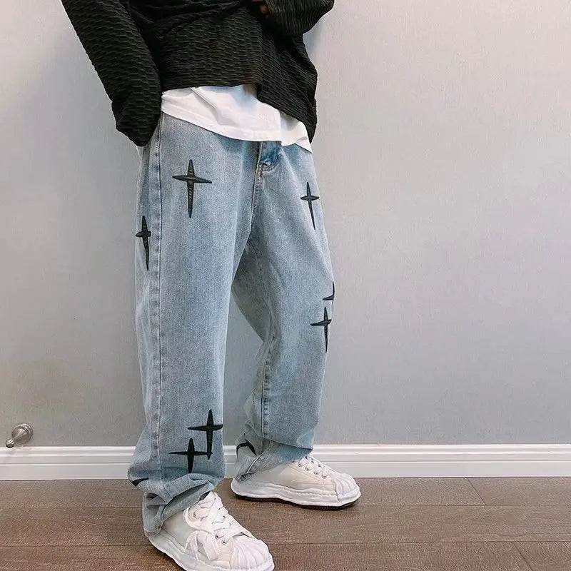 2023 Men's Print Jeans: Streetwear baggy, wide-leg, Korean fashion, loose denim cargo pants.