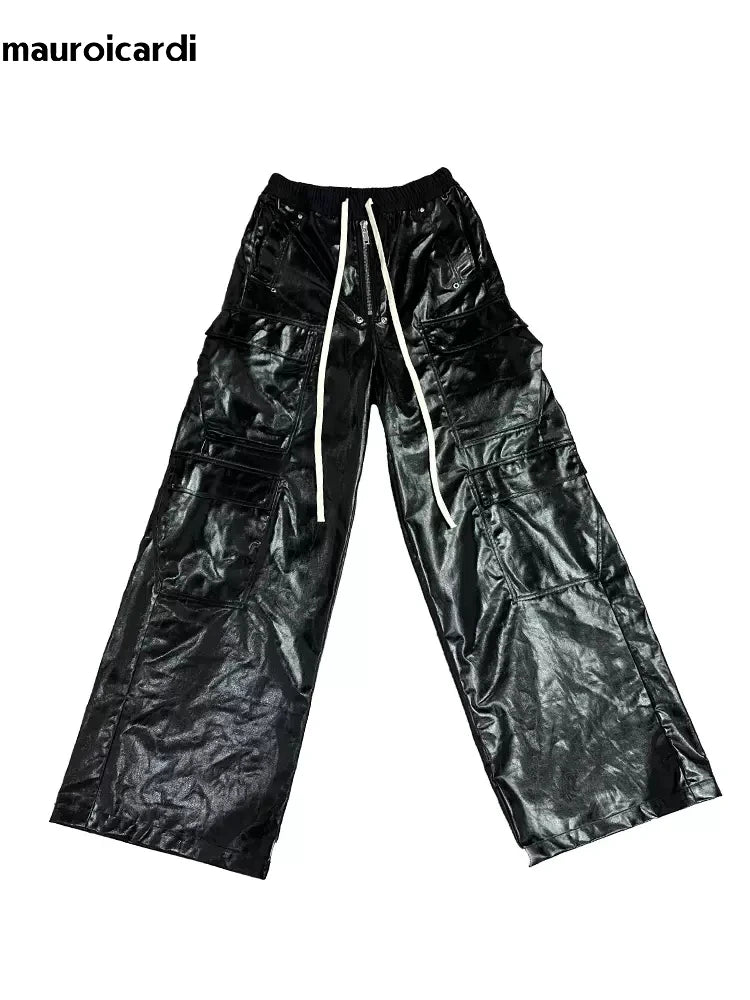 Mauroicardi Spring/Autumn Black Shiny Reflective PU Leather Wide-Leg Pants – Drawstring Waist, Men’s Designer Clothes