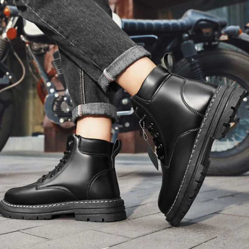 Men's High Top Leather Boots: Fashion, Motorcycle, Winter, Lace-Up Ankle Shoes.