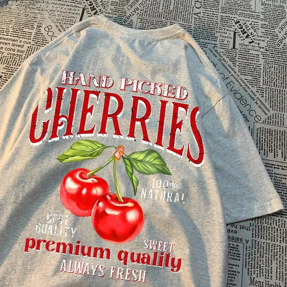 Fashion Cotton Women'S T-Shirts Hand Picked Cherries Printing Tops Oversize Crewneck Soft Short Sleeve Street Female Clothes