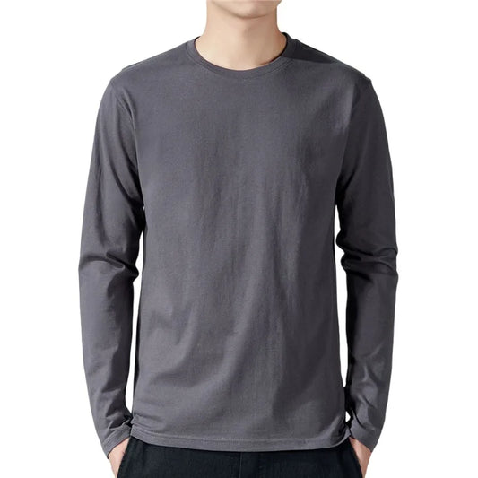 Men's Cotton Long Sleeve T-shirt: Solid color, full length, perfect for spring and autumn as an undershirt.