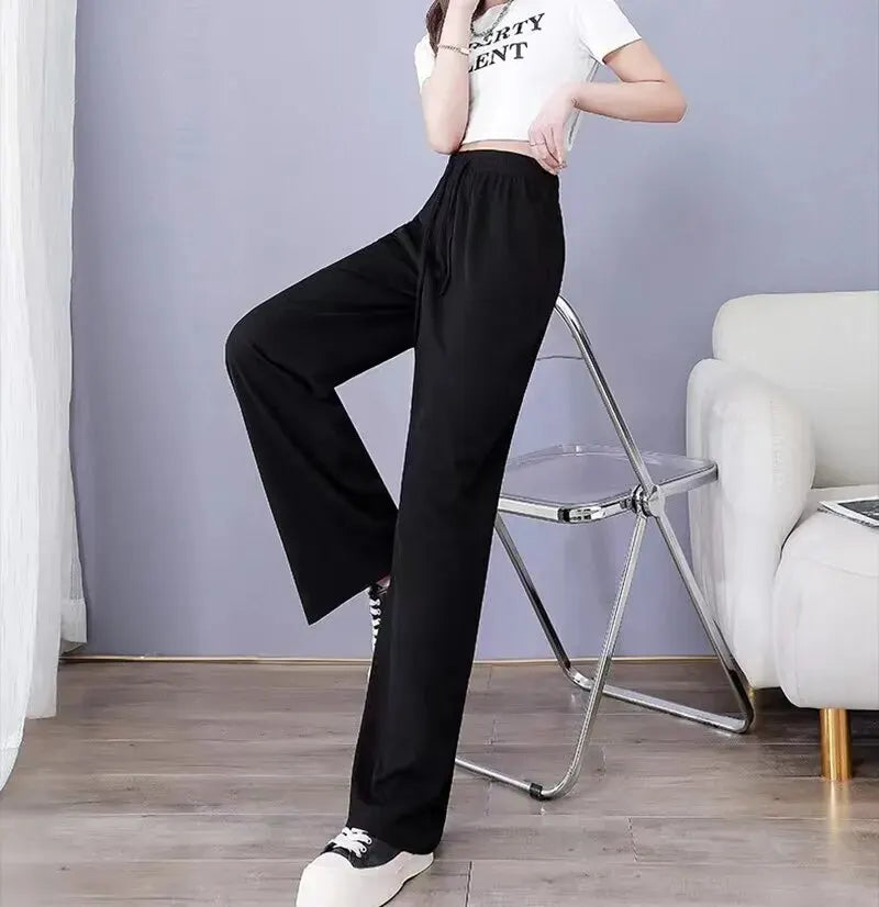 Women's Ice Silk Wide-Leg Pants – High Waist, Loose, Straight, Casual, Spring/Summer