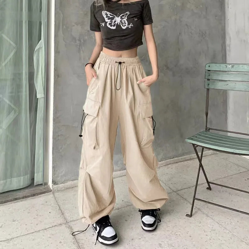 Back to School Women's New American Hip-Hop Wide-Leg Large Pockets Drawstring Work Pants High Street Casual Sports Pants