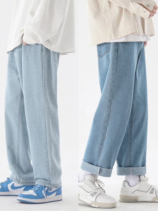 2023 Korean Fashion Men's Jeans: Ankle-length, straight fit, wide-leg denim in light blue, grey, black.