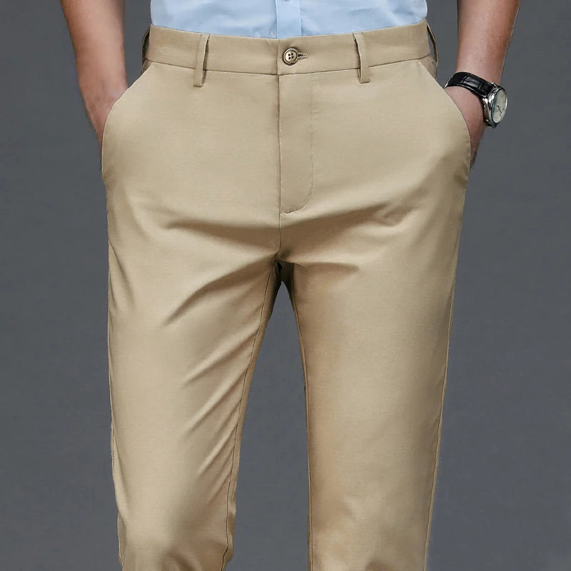 Men's Stretch Pants: Solid black, smart casual, quick-dry, straight-fit for office, spring/autumn.