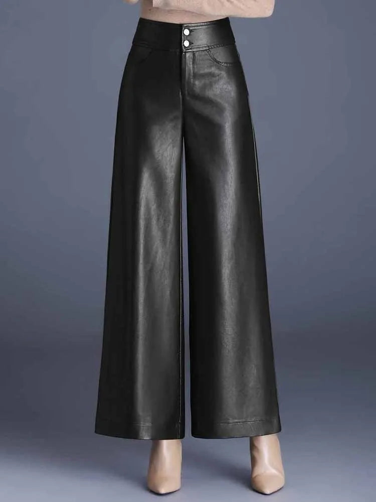 ZUZK High-Quality Women’s PU Leather Wide-Leg Pants – Autumn/Winter, Fashionable, Warm, Elegant Leather Trousers