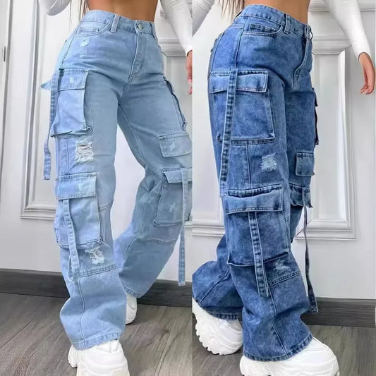 Women’s Denim Trousers – Fashionable Solid Color, Multi-Pocket, Versatile, High Waist, Large Size, 2025 Casual Pants