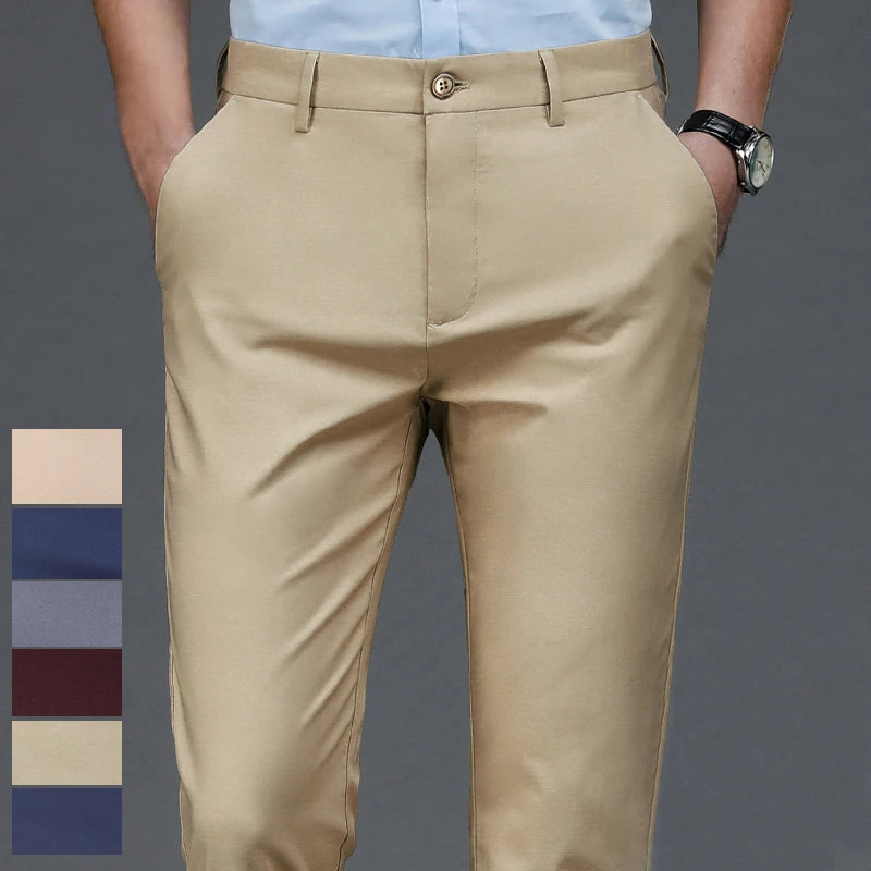 Men's Stretch Pants: Solid black, smart casual, quick-dry, straight-fit for office, spring/autumn.