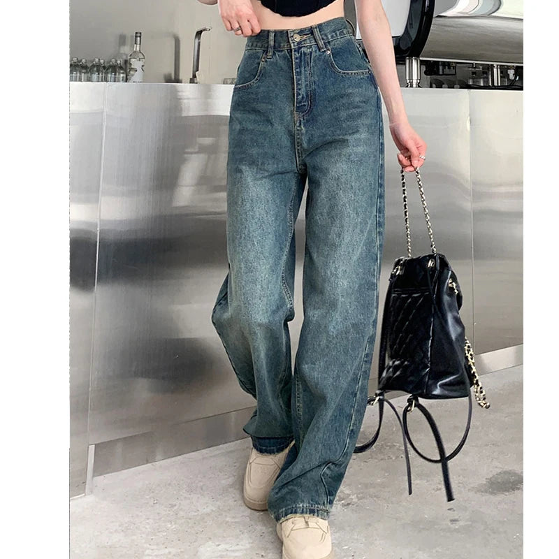 Wide-Leg Jeans for Women – High-Waisted, Contrasting Straight Leg, Loose Fit, Autumn Streetwear Pants