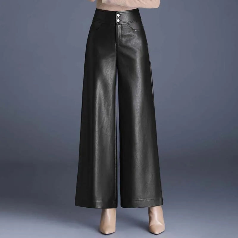 ZUZK High-Quality Women’s PU Leather Wide-Leg Pants – Autumn/Winter, Fashionable, Warm, Elegant Leather Trousers