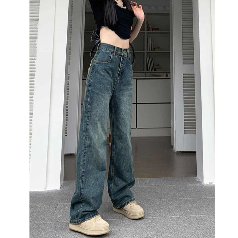 Wide-Leg Jeans for Women – High-Waisted, Contrasting Straight Leg, Loose Fit, Autumn Streetwear Pants